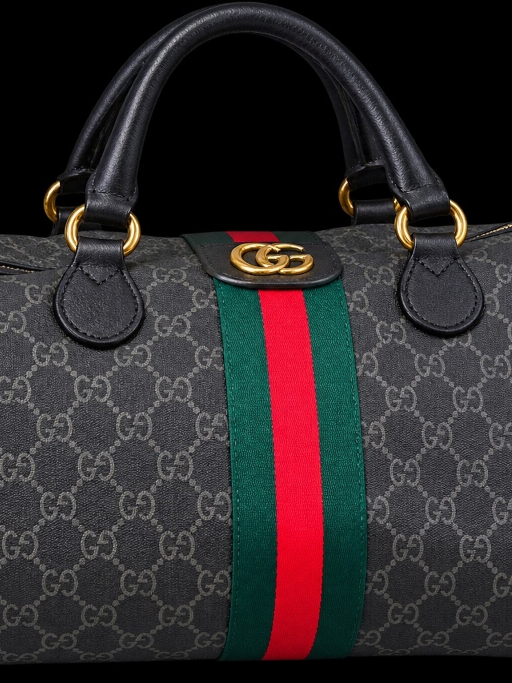 Gucci Black GG Supreme Canvas Boston Bag with Signature Web Stripe